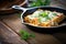 lasagna in cast iron skillet on a rustic wooden table