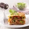 Lasagna with minced beef, tomato sauce and vegetable