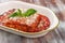 Lasagna. Traditional Italian dish. With minced meat and parmesan