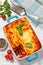 lasagne al forno, italian beef lasagna, top view