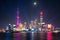 Laser show over Lujiazui skyline and Huangpu river, Shanghai, China