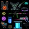 Laser tag game equipment flat collection. Vector illustration of Illuminated VR computer gamer sport playing tech for