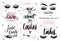 Lashes, mascara, makeup-set with closed eyes, lettering calligraphy quotes or phrases.