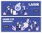 Lasik or laser eye visual impairments correction banners set, flat vector.