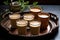 lassi in clay pots arranged on a copper tray