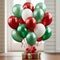 lassic red and green balloon display set against a snowy background.