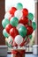 lassic red and green balloon display set against a snowy background.