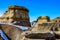 Last snow of the year clings to Hoodoos. Drumheller, Alberta, Canada