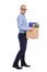 Last working day or dismissal concept - side view of business man walking with his belongings in cardboard box isolated on white