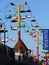Late Afternoon View of Colorful Gondola with Blue Sky and Boardwalk sign in Santa Cruz, California