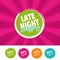 Late Night Shopping color banner and 50%, 60%, 70% & 80% Off Marks.