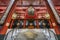 Late night wide angle side view of Main hall front entrance of Senso-ji Temple. chochin lantern