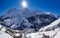 LaThe village of La Grave winter ski resort with La Meije mountain peak in winter. Hautes-Alpes, Ecrins National Park, Alps, Fra