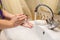 Lather and rinse hands. Washing with soap carefully in hot water