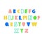 Latin alphabet in cartoon style. Letters in bright colors style. Cute colorful vector English alphabet