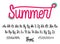 Latin alphabet Summer. Font handwriting with upper and lowercase characters, numbers and symbols. Modern script of