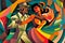 Latin American Hispanic male and female couple dancing the ballroom Calypso dance shown in an abstract cubist style painting