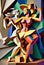 Latin American Hispanic male and female couple dancing the ballroom Calypso dance shown in an abstract cubist style painting