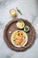 Latin American Italian dish Crudo de Salmon Raw Salmon fish platter marinated in lemon juice and spices. Top view