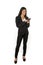 Latin businesswoman in formal office suit smiling happy networking on mobile phone