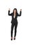 Latin businesswoman wearing office formal suit smiling happy rising arms in victory