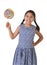 Latin female child holding huge lollipop happy and excited in cute blue dress and pony tails candy concept