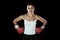 Latin fitness woman with girl red boxing gloves posing in defiant and competitive fight attitude