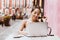 Latin girl, student using portable laptop computer while sitting in a coffee shop in mexico