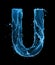 Latin letter U made of water splashes on a black background