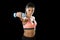 Latin sport woman posing in fierce expression holding dumbbell hand weigh
