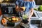 Latin Woman making green smoothie or Detox juice in kitchen at Home in healthy eating concept in Mexico