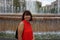 Latina Tourist at the Water Fountain