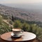 Latte Art in A coffee cup on a wooden table with stunning scenery from Mount Lebanon