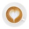 Latte art top view of a cup of coffee on white background that showed heart on cup.