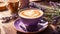 Latte coffee sweet a beautiful cup, lavender flower