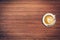 Latte coffee on table wood background with space