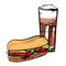 Latte and sandwich. Hand drawn outline sketch vector illustrationt with color fills