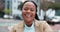 Laugh, business and portrait of black woman in city with confidence, job opportunity and trust. Downtown, street and