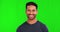 Laugh, face and happy man in green screen studio with funny, silly or humor on mockup background. Joke, smile and