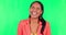 Laugh, indian girl and portrait with comedy in green screen for joy with studio background or cheerful. Happy face