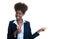 Laughing african american business woman pointing sideways and s