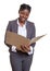 Laughing african business woman reading file