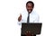 Laughing african man holding laptop