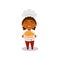 Laughing Afro-American kid holding plate with cooked chicken. Cute little girl in chef uniform and hat. Flat vector