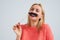 Laughing blond with fake moustache