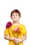 Laughing boy with bouquet gerbera flowers