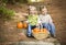 Laughing Brother and Sister Children Sitting on Wood Steps with Pumpkins