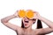 Laughing brunette funny fashion model girl holding orange slice