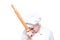 laughing cheerful chef with a rolling pin posing on a white background