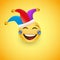 Laughing Face with a red nose in a clown hat. Fool`s Day. Happy April, 1. Vector i